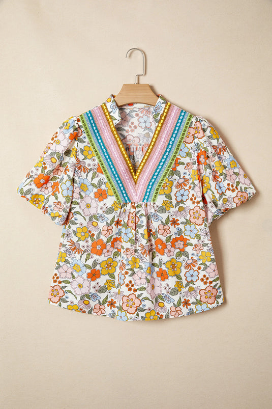 DLLS939 - Ladies Multicolour Crochet V Neckline Puff Sleeve Boho Flower Blouse