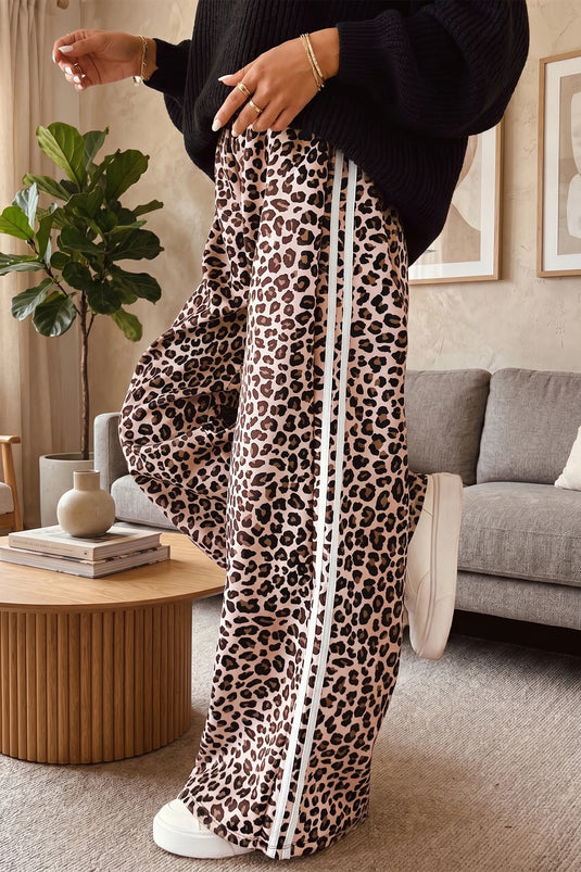 DLLS786 - Ladies Beige Leopard Print Side Striped Detail Casual Wide Leg Pants