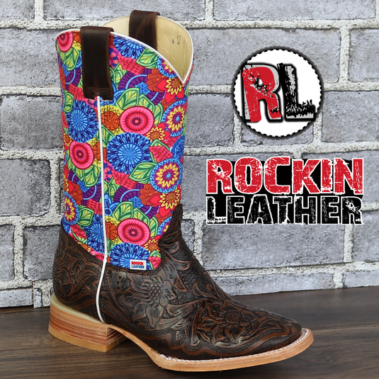 2182 - RockinLeather Women's Floral Leather Stamped Western Boot