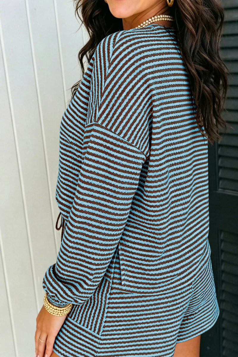 Load image into Gallery viewer, DLLS1154 - Ladies Sky Blue Stripe Textured Knit Long Sleeve Top Elastic Waist Shorts Casual Outfit
