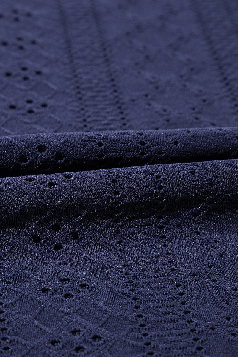 Load image into Gallery viewer, DLLS441 - Ladies Navy Blue Solid Color Eyelet Jacquard Cuffed Short Sleeve Top
