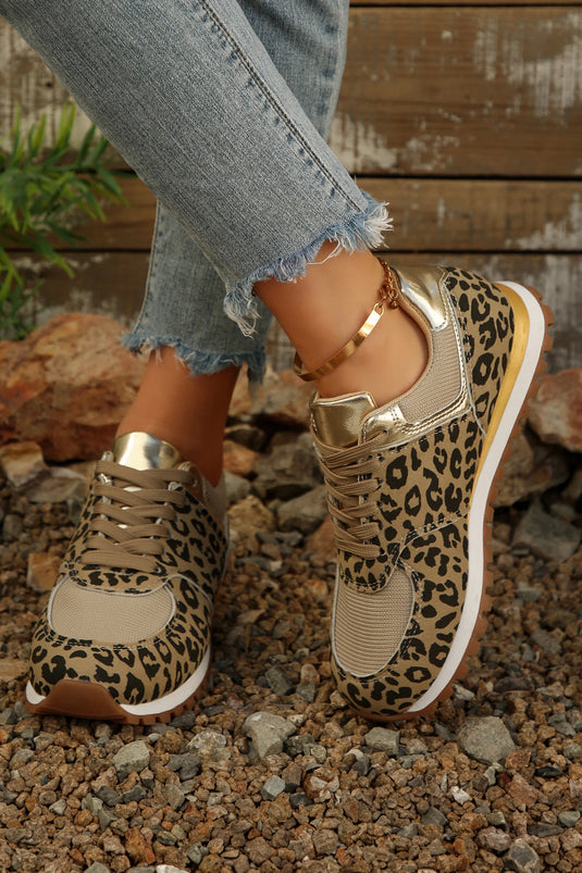 DLLSHOE 143 - Coffee Leopard Faux Suede Mixed Patchwork Lace Up Sneakers