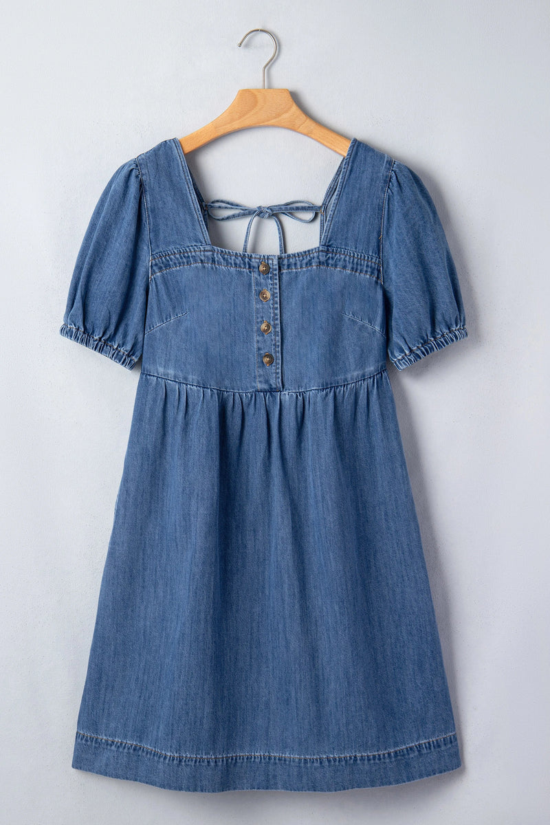 Load image into Gallery viewer, DLLS596 - Ladies Prussian Blue Button Square Neck Short Puff Sleeve Denim Mini Dress
