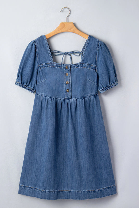 DLLS596 - Ladies Prussian Blue Button Square Neck Short Puff Sleeve Denim Mini Dress