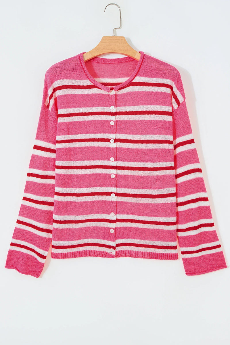 Load image into Gallery viewer, DLLS823 - Ladies Pink Stripe Striped Drop Shoulder Button Cardigan
