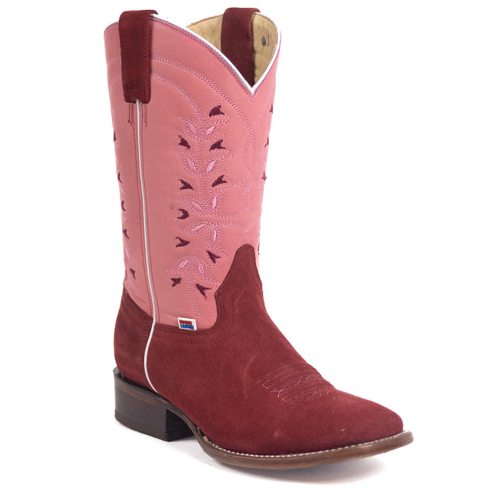 2206 - RockinLeather Women's Red Suede Boot With Pink Cowhide Upper