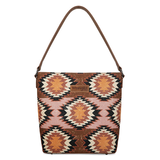 WG221-918BR - Wrangler Aztec Distressed Print Dual Sided Print Hobo Bag/Crossbody