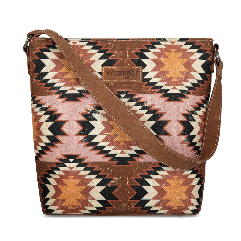 Load image into Gallery viewer, WG221-918BR - Wrangler Aztec Distressed Print Dual Sided Print Hobo Bag/Crossbody
