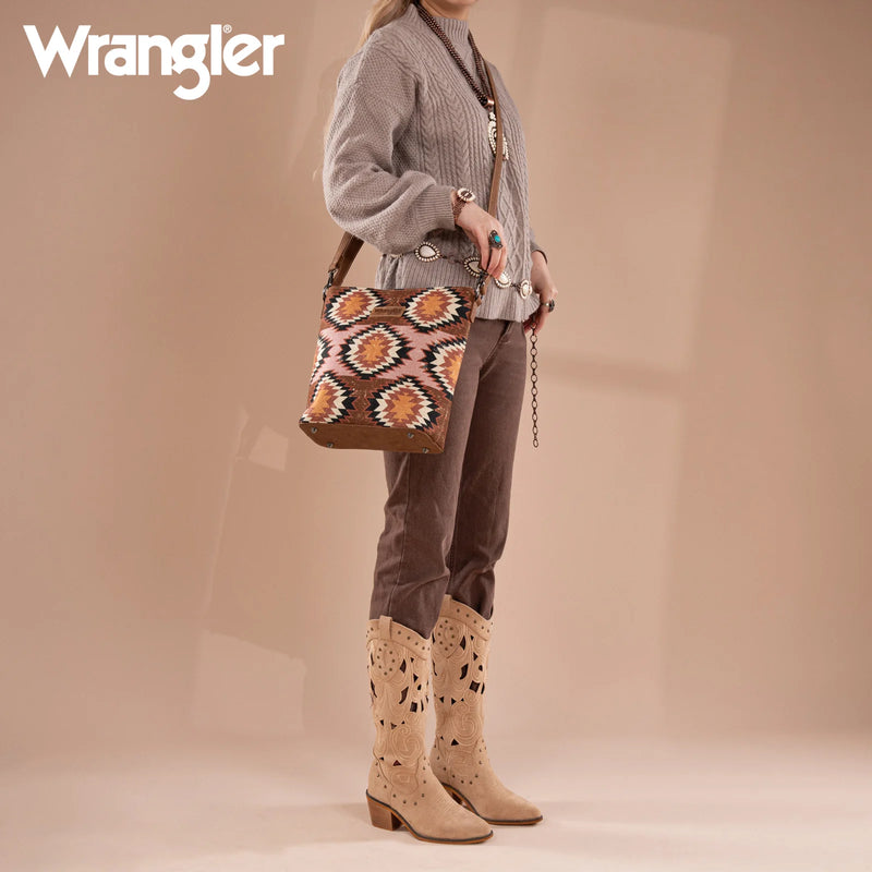 Load image into Gallery viewer, WG221-918BR - Wrangler Aztec Distressed Print Dual Sided Print Hobo Bag/Crossbody
