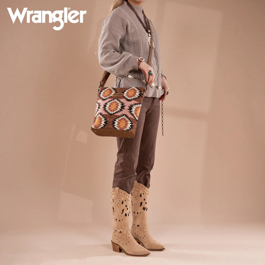 WG221-918BR - Wrangler Aztec Distressed Print Dual Sided Print Hobo Bag/Crossbody
