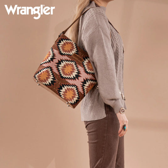 WG221-918BR - Wrangler Aztec Distressed Print Dual Sided Print Hobo Bag/Crossbody