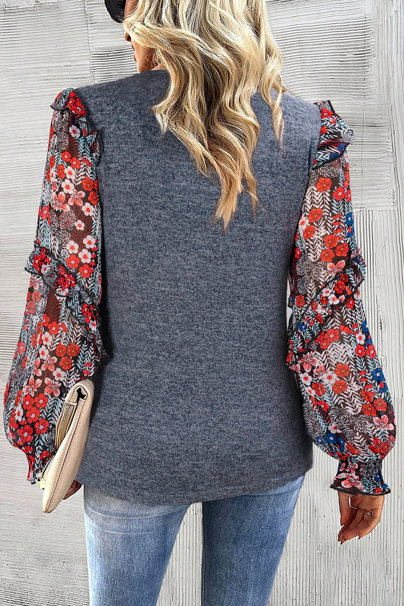 Load image into Gallery viewer, DLLS114 - Ladies Blue Pale Chestnut Ruffle Tiered Floral Sleeve Crew Neck Blouse
