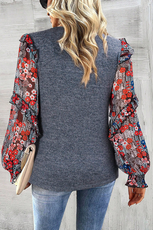 DLLS114 - Ladies Blue Pale Chestnut Ruffle Tiered Floral Sleeve Crew Neck Blouse