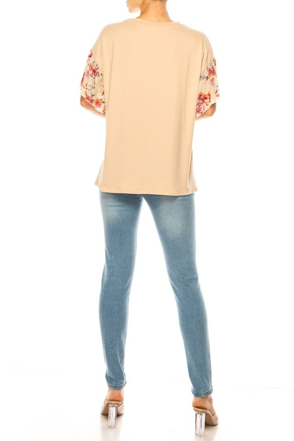 Load image into Gallery viewer, MOATSHT18 - Ladies Beige Solid Top With Floral Sleeves
