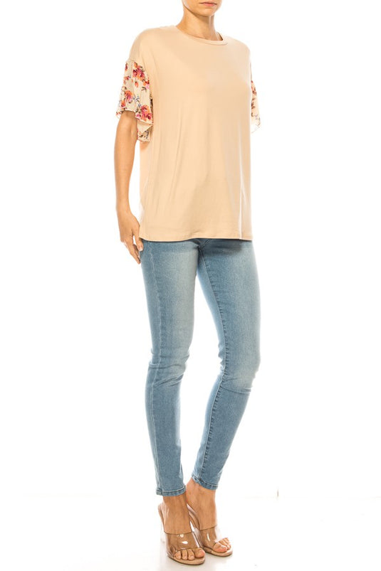 MOATSHT18 - Ladies Beige Solid Top With Floral Sleeves