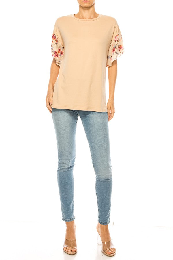Load image into Gallery viewer, MOATSHT18 - Ladies Beige Solid Top With Floral Sleeves
