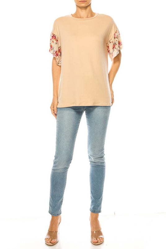 MOATSHT18 - Ladies Beige Solid Top With Floral Sleeves