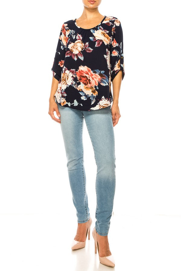 Load image into Gallery viewer, MOATSHT19 - Ladies Navy/Mocha Floral Print, Round Neck Top

