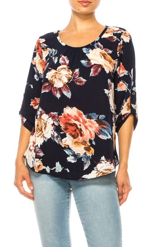 MOATSHT19 - Ladies Navy/Mocha Floral Print, Round Neck Top