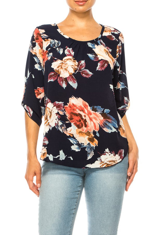 MOATSHT19 - Ladies Navy/Mocha Floral Print, Round Neck Top