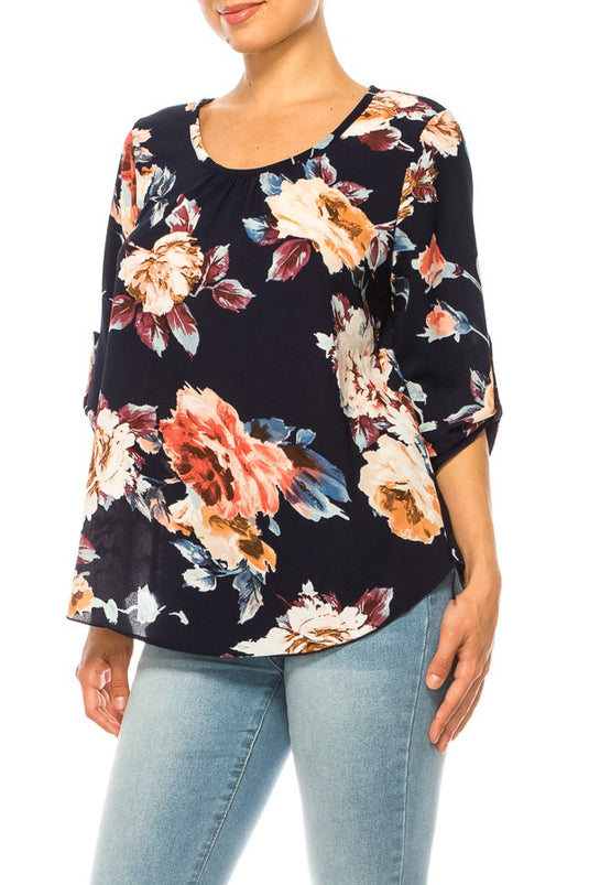 MOATSHT19 - Ladies Navy/Mocha Floral Print, Round Neck Top
