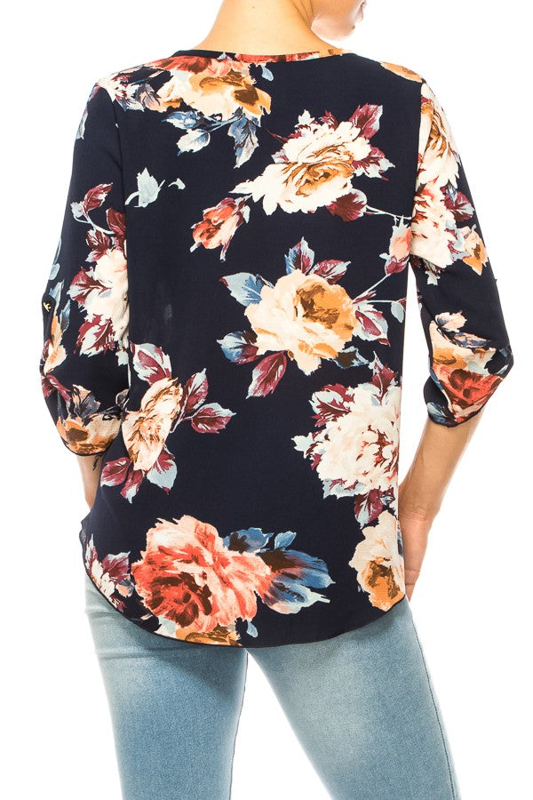 Load image into Gallery viewer, MOATSHT19 - Ladies Navy/Mocha Floral Print, Round Neck Top
