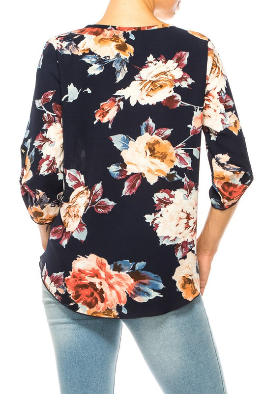 MOATSHT19 - Ladies Navy/Mocha Floral Print, Round Neck Top