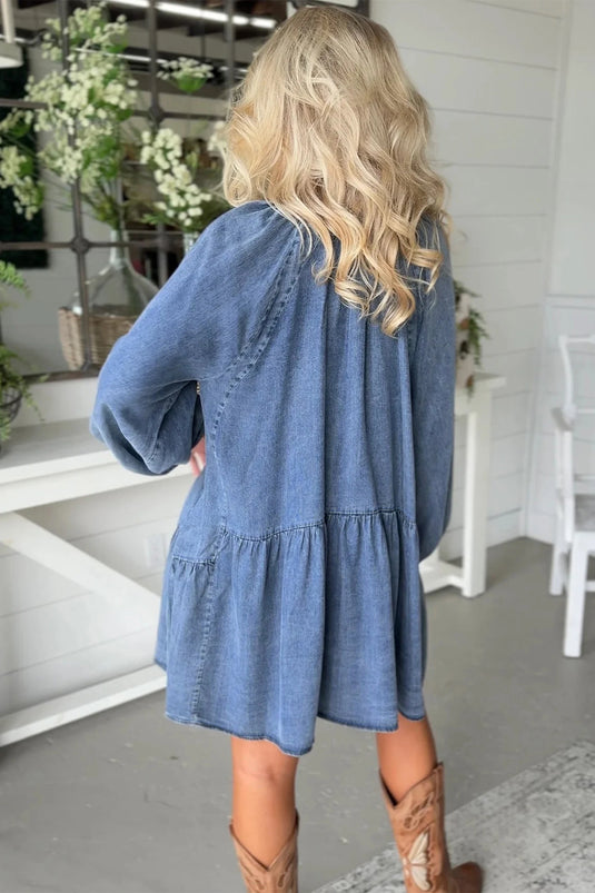 DLLS564 - Ladies Myosotis Puff Sleeve V Neck Ruffled Loose Denim Mini Dress