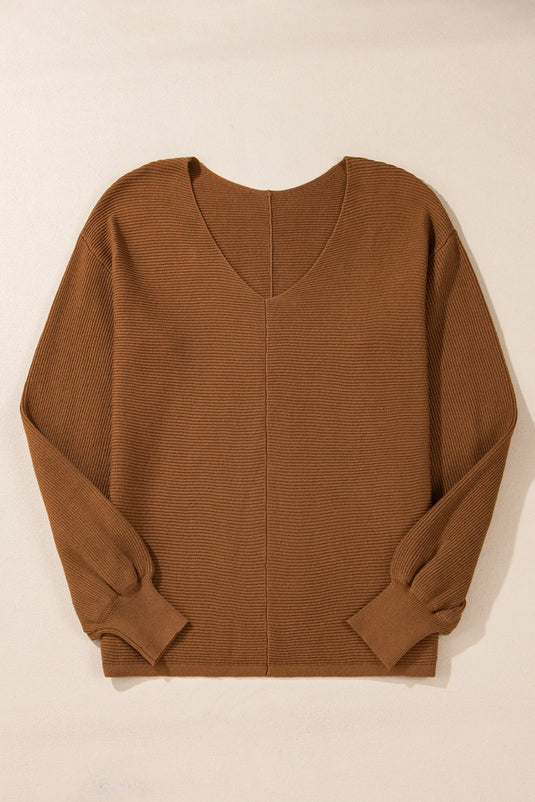 DLLS136 - Ladies Camel Ribbed Knit Drop Sleeve V Neck Loose Fit Sweater