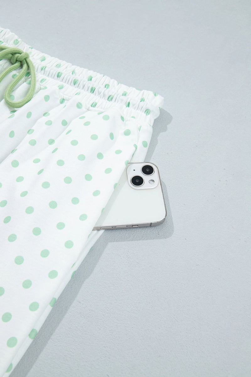 Load image into Gallery viewer, DLLS1088 - Ladies Green Polka Dot Patchwork Colorblock Long Sleeve Casual Two Piece Pants Set
