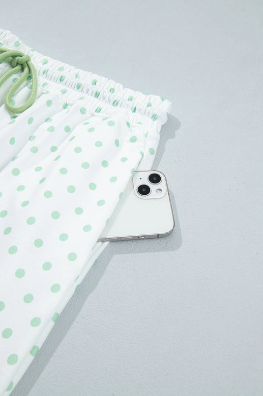 DLLS1088 - Ladies Green Polka Dot Patchwork Colorblock Long Sleeve Casual Two Piece Pants Set