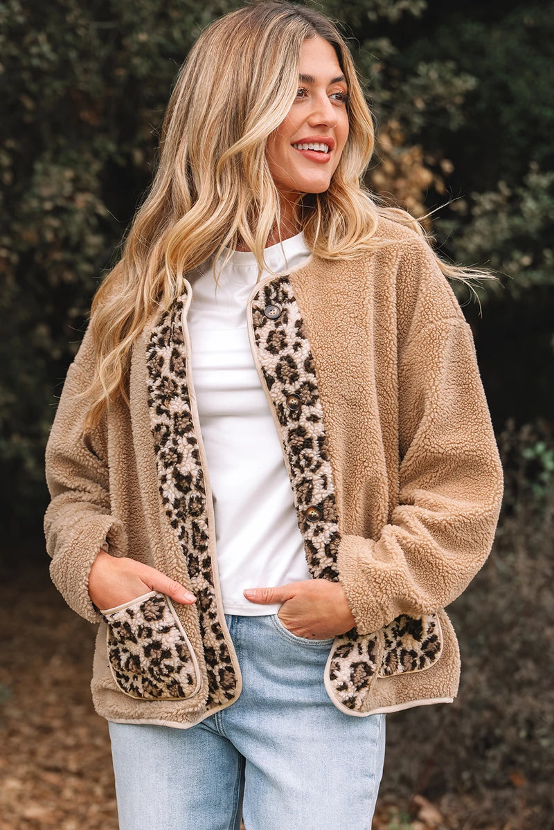 Load image into Gallery viewer, DLLS224 - Ladies Casual Leopard Print Accent Plush Jacket with Pockets
