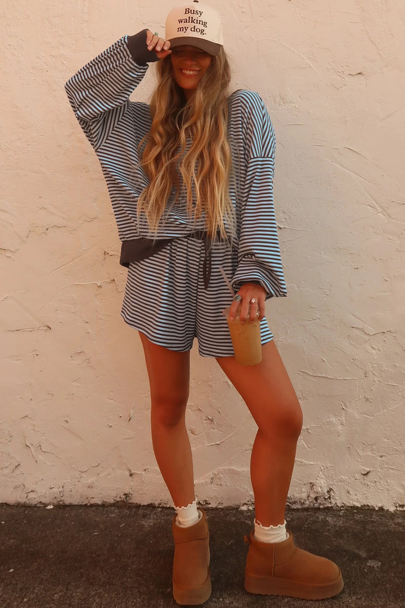 Load image into Gallery viewer, DLLS1083 - Ladies Brown Stripe Oversized Long Sleeve Top Drawstring Loose Shorts 2pcs Set
