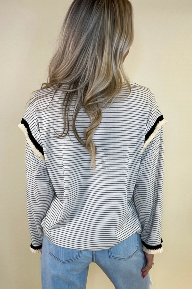 Load image into Gallery viewer, DLLS296 - Ladies White Stripe Contrasted Ruffle Trim Loose Long Sleeve Top
