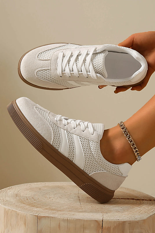 DLLSHOE 92 - White Breathable Mesh Patchwork Lace Up Flat Shoes