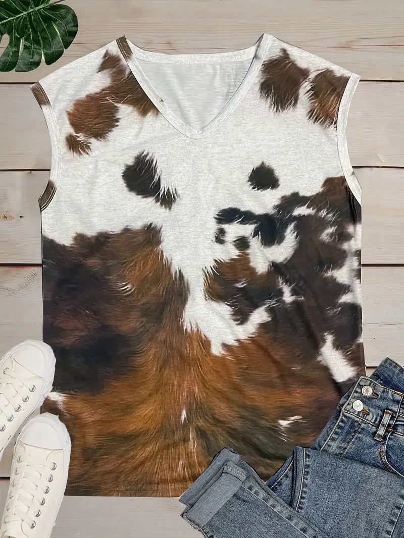 Load image into Gallery viewer, TMTSHT40 - Women&#39;s Sleeveless Cowprint V Neck Tank Top
