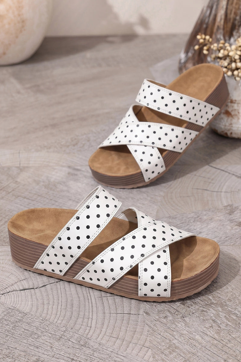 Load image into Gallery viewer, DLLSHOE 150 - White Polka Dot Crossed Band Soft Suede Platform Slippers
