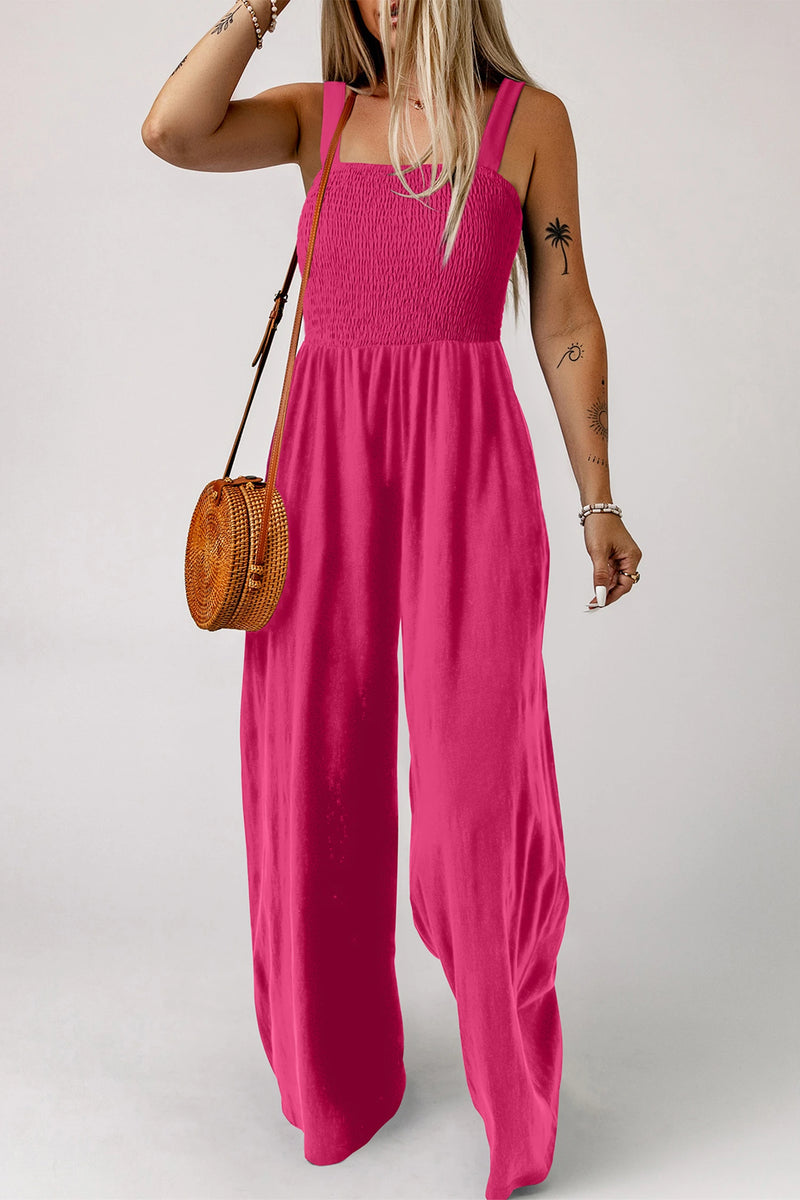 Load image into Gallery viewer, DLLS611 - Ladies Rose Red Smocked Square Neck Sleeveless Jumpsuit with Pockets
