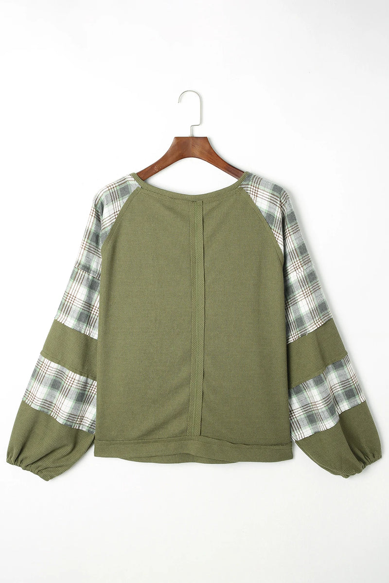 Load image into Gallery viewer, DLLS1145 - Ladies Green Plaid Patch Waffle Knit Exposed Seam Bubble Sleeve Top
