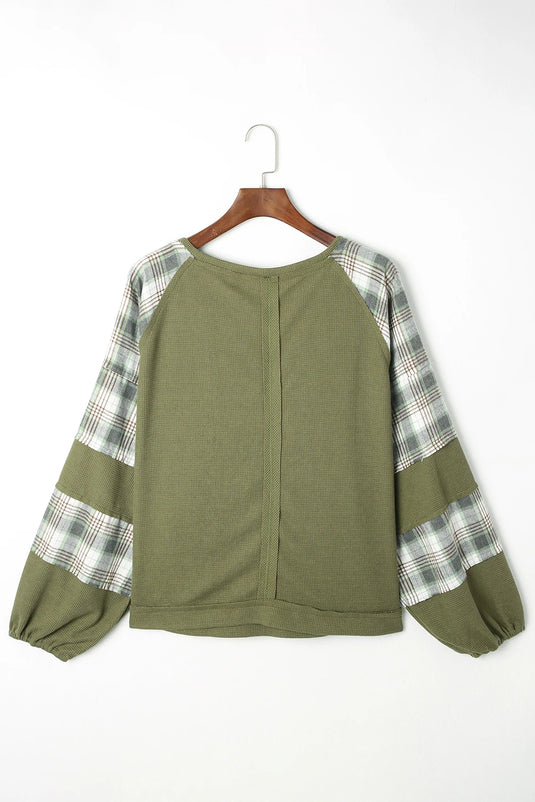 DLLS1145 - Ladies Green Plaid Patch Waffle Knit Exposed Seam Bubble Sleeve Top