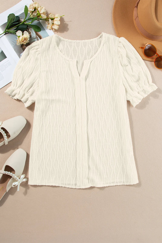 DLLS335 - Ladies White Solid Color Textured Notched Neck Puff Sleeve Blouse