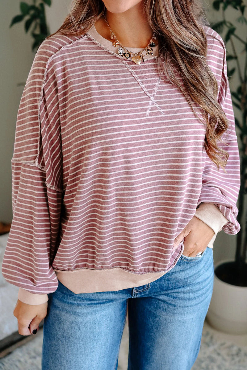 Load image into Gallery viewer, DLLS313 - Ladies Pink Stripe Exposed Stitching Patchwork Casual Long Sleeve Top
