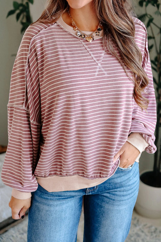 DLLS313 - Ladies Pink Stripe Exposed Stitching Patchwork Casual Long Sleeve Top