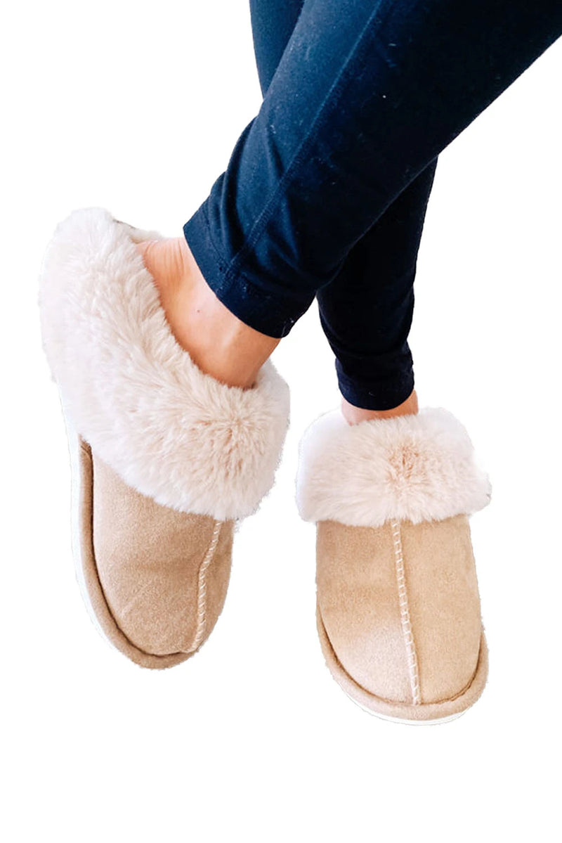 Load image into Gallery viewer, DLLSHOE 125 - Khaki Cut and Sew Faux Suede Plush Lined Slippers
