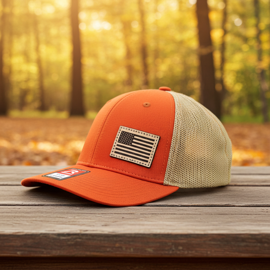 SA114 - Southern Addiction Dark Orange/Khaki FLEXFIT Light Leather American Flag Patch Cap