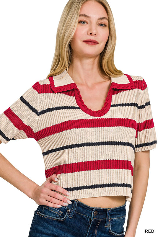 ZEN 7 - Ladies Striped Collared Short Sleeve Cropped Sweater