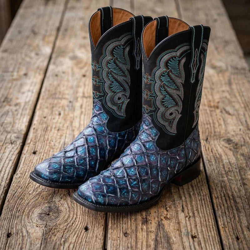 Load image into Gallery viewer, CP1707 - Cowboy Prayer Hand Crafted Blue Pirarucu Print Cowboy Boots
