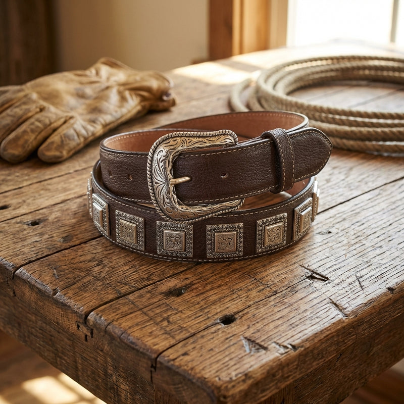 Load image into Gallery viewer, B41 - RockinLeather Choco Belt with Square Floral Conchos
