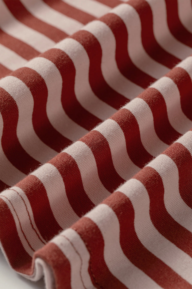 Load image into Gallery viewer, DLLS767 - Ladies Brown Stripe Long Sleeve Top Contrast Elastic Waistband Short Set
