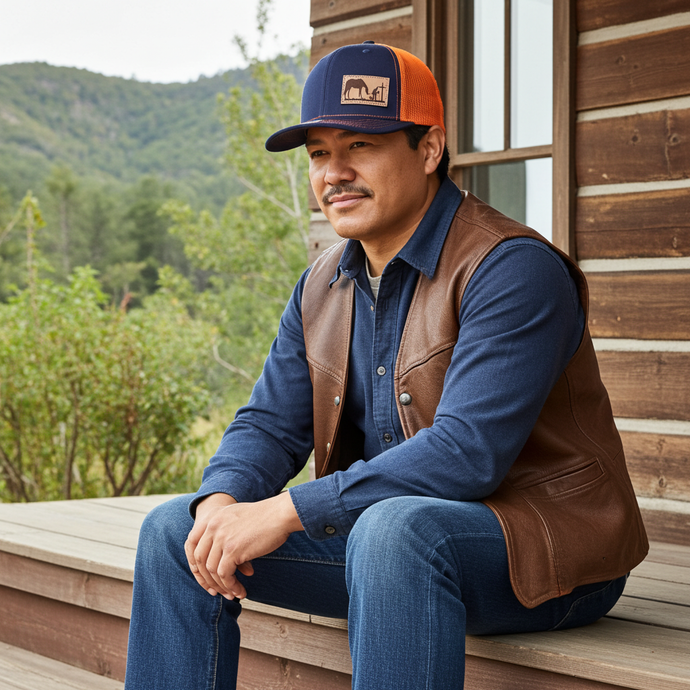 CP105 - Cowboy Prayer Leather Patch Navy/Orange Cap